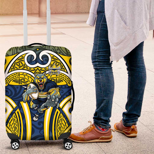 North Queensland Cowboys Rugby Luggage Cover Polynesian Tribal Bull Warrior Navy Yellow Pattern