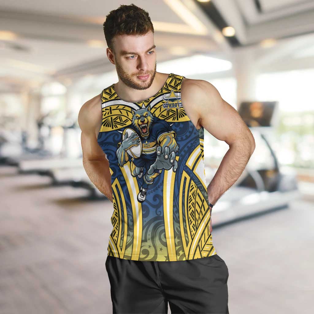 North Queensland Cowboys Rugby Men Tank Top Polynesian Tribal Bull Warrior Navy Yellow Pattern