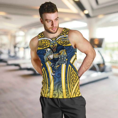 North Queensland Cowboys Rugby Men Tank Top Polynesian Tribal Bull Warrior Navy Yellow Pattern