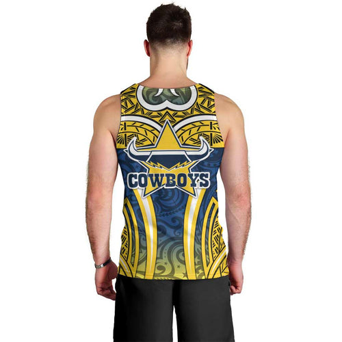 North Queensland Cowboys Rugby Men Tank Top Polynesian Tribal Bull Warrior Navy Yellow Pattern