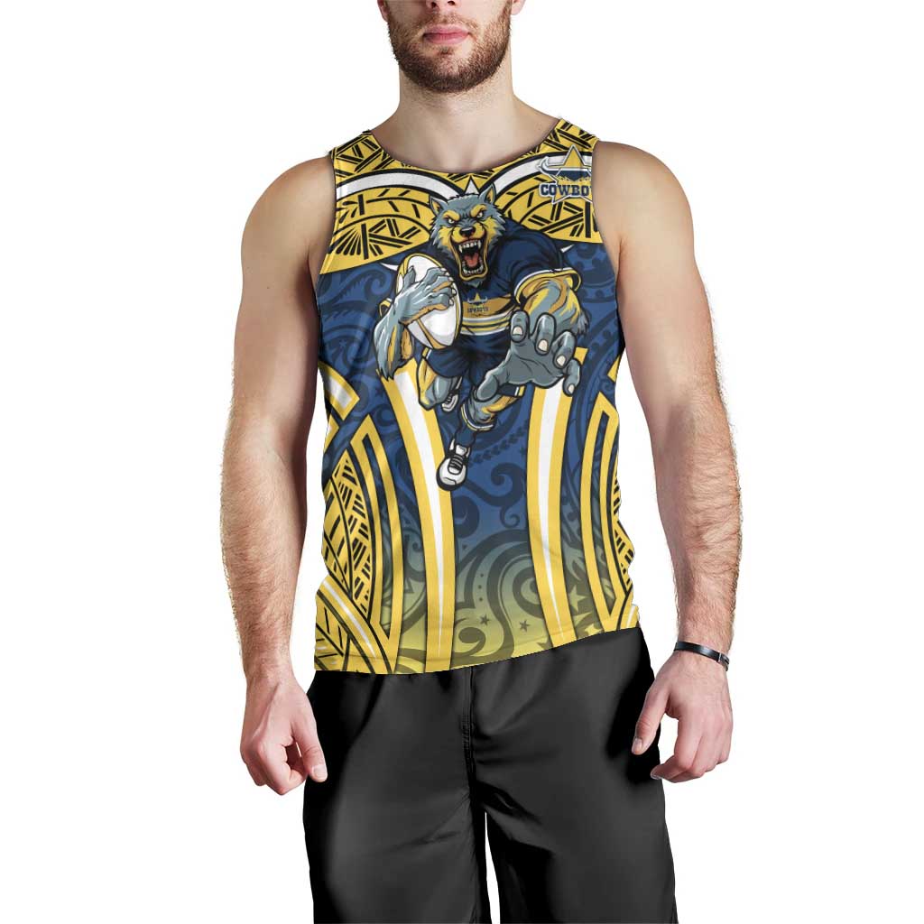 North Queensland Cowboys Rugby Men Tank Top Polynesian Tribal Bull Warrior Navy Yellow Pattern