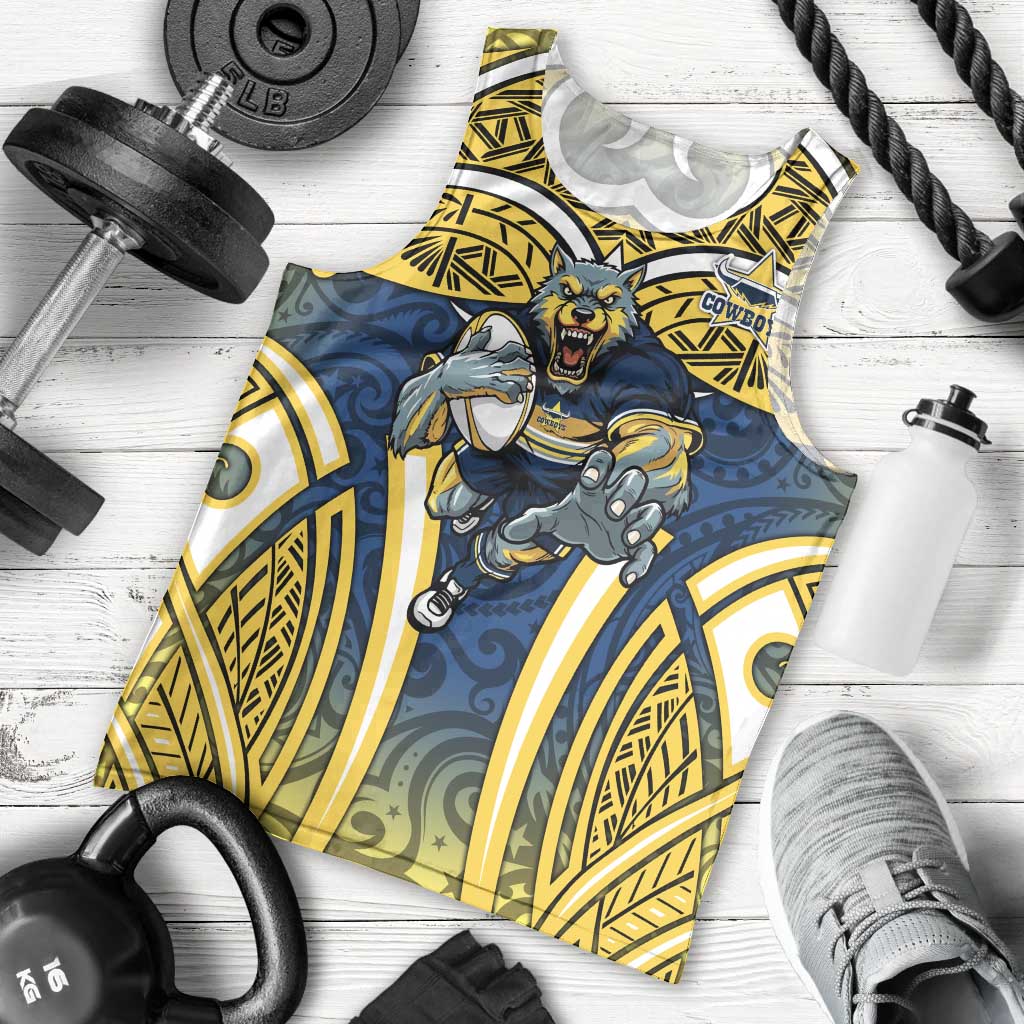 North Queensland Cowboys Rugby Men Tank Top Polynesian Tribal Bull Warrior Navy Yellow Pattern