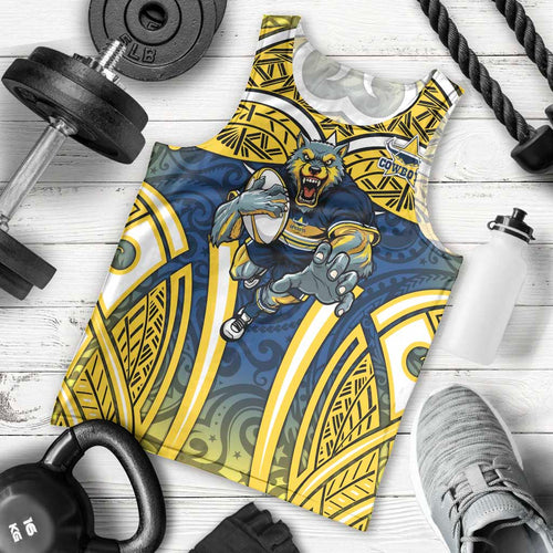 North Queensland Cowboys Rugby Men Tank Top Polynesian Tribal Bull Warrior Navy Yellow Pattern