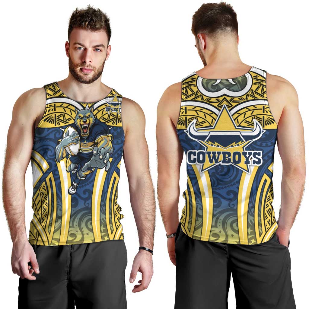 North Queensland Cowboys Rugby Men Tank Top Polynesian Tribal Bull Warrior Navy Yellow Pattern