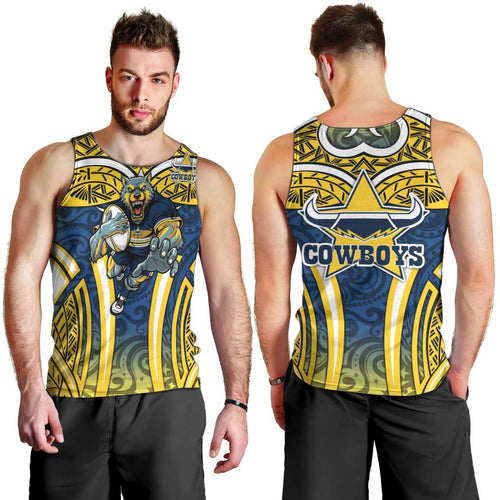 North Queensland Cowboys Rugby Men Tank Top Polynesian Tribal Bull Warrior Navy Yellow Pattern