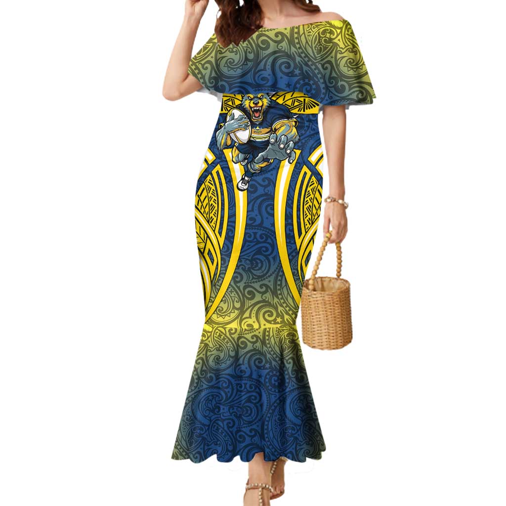 North Queensland Cowboys Rugby Mermaid Dress Polynesian Tribal Bull Warrior Navy Yellow Pattern