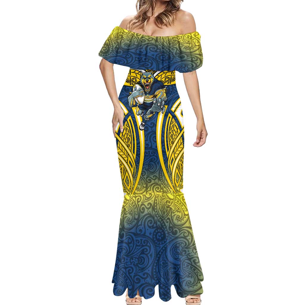 North Queensland Cowboys Rugby Mermaid Dress Polynesian Tribal Bull Warrior Navy Yellow Pattern