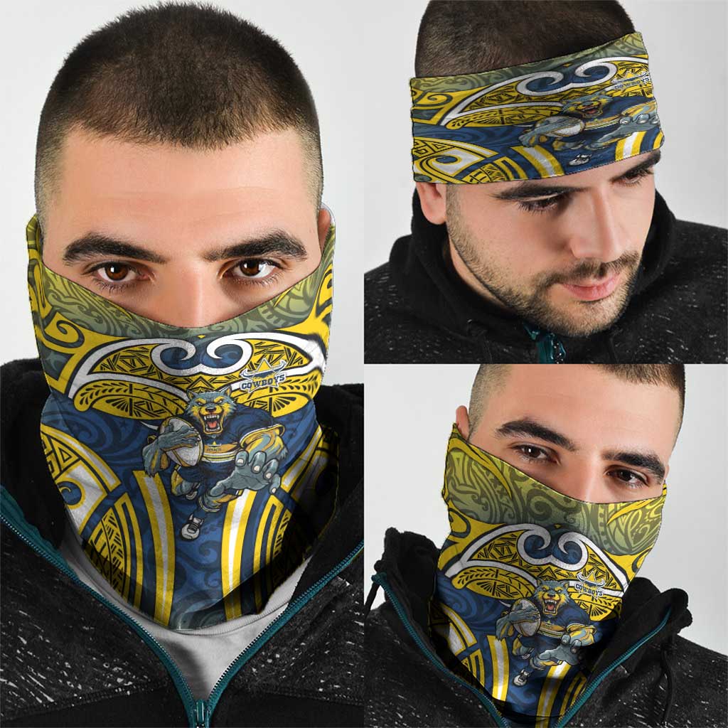 North Queensland Cowboys Rugby Neck Gaiter Polynesian Tribal Bull Warrior Navy Yellow Pattern