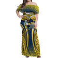 North Queensland Cowboys Rugby Off Shoulder Maxi Dress Polynesian Tribal Bull Warrior Navy Yellow Pattern