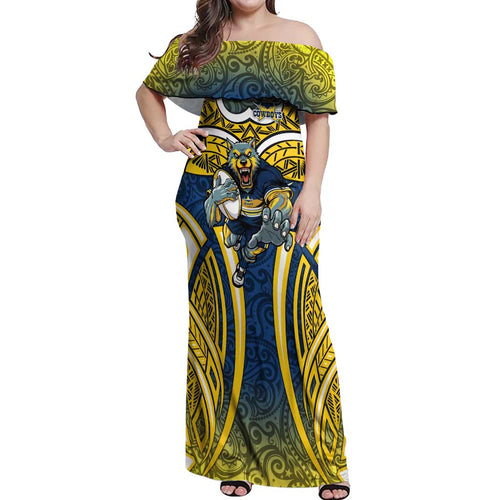 North Queensland Cowboys Rugby Off Shoulder Maxi Dress Polynesian Tribal Bull Warrior Navy Yellow Pattern