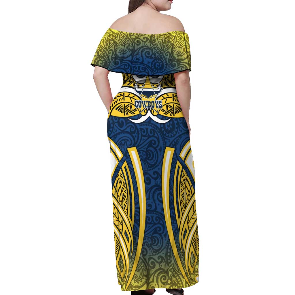 North Queensland Cowboys Rugby Off Shoulder Maxi Dress Polynesian Tribal Bull Warrior Navy Yellow Pattern