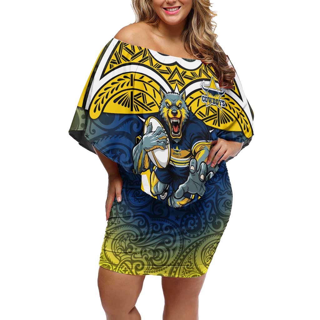 North Queensland Cowboys Rugby Off Shoulder Short Dress Polynesian Tribal Bull Warrior Navy Yellow Pattern