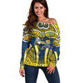 North Queensland Cowboys Rugby Off Shoulder Sweater Polynesian Tribal Bull Warrior Navy Yellow Pattern