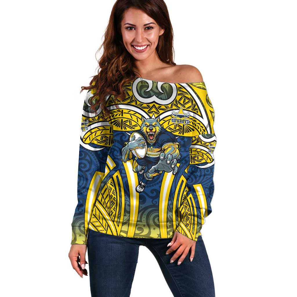 North Queensland Cowboys Rugby Off Shoulder Sweater Polynesian Tribal Bull Warrior Navy Yellow Pattern