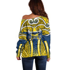 North Queensland Cowboys Rugby Off Shoulder Sweater Polynesian Tribal Bull Warrior Navy Yellow Pattern