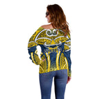North Queensland Cowboys Rugby Off Shoulder Sweater Polynesian Tribal Bull Warrior Navy Yellow Pattern