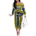 North Queensland Cowboys Rugby Off The Shoulder Long Sleeve Dress Polynesian Tribal Bull Warrior Navy Yellow Pattern