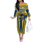 North Queensland Cowboys Rugby Off The Shoulder Long Sleeve Dress Polynesian Tribal Bull Warrior Navy Yellow Pattern