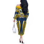 North Queensland Cowboys Rugby Off The Shoulder Long Sleeve Dress Polynesian Tribal Bull Warrior Navy Yellow Pattern