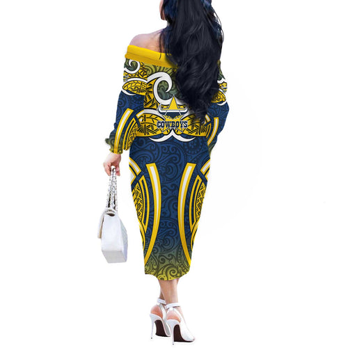North Queensland Cowboys Rugby Off The Shoulder Long Sleeve Dress Polynesian Tribal Bull Warrior Navy Yellow Pattern
