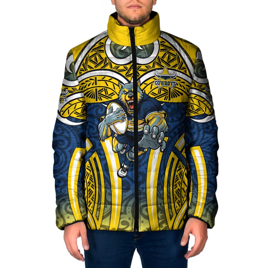 North Queensland Cowboys Rugby Padded Jacket Polynesian Tribal Bull Warrior Navy Yellow Pattern