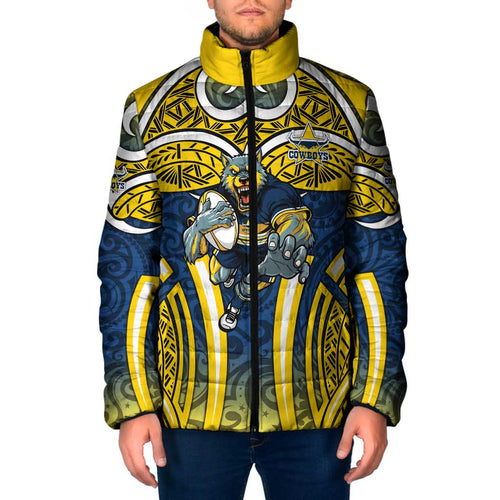 North Queensland Cowboys Rugby Padded Jacket Polynesian Tribal Bull Warrior Navy Yellow Pattern