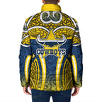 North Queensland Cowboys Rugby Padded Jacket Polynesian Tribal Bull Warrior Navy Yellow Pattern