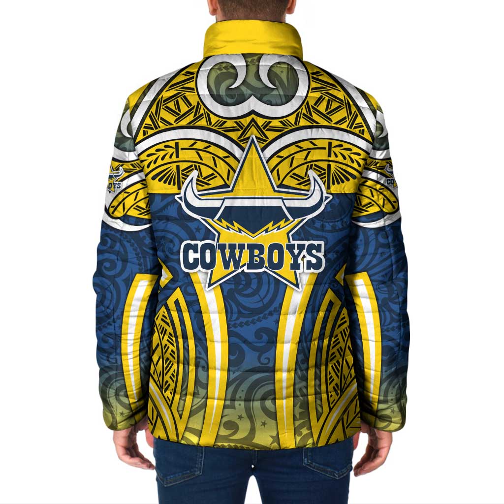 North Queensland Cowboys Rugby Padded Jacket Polynesian Tribal Bull Warrior Navy Yellow Pattern