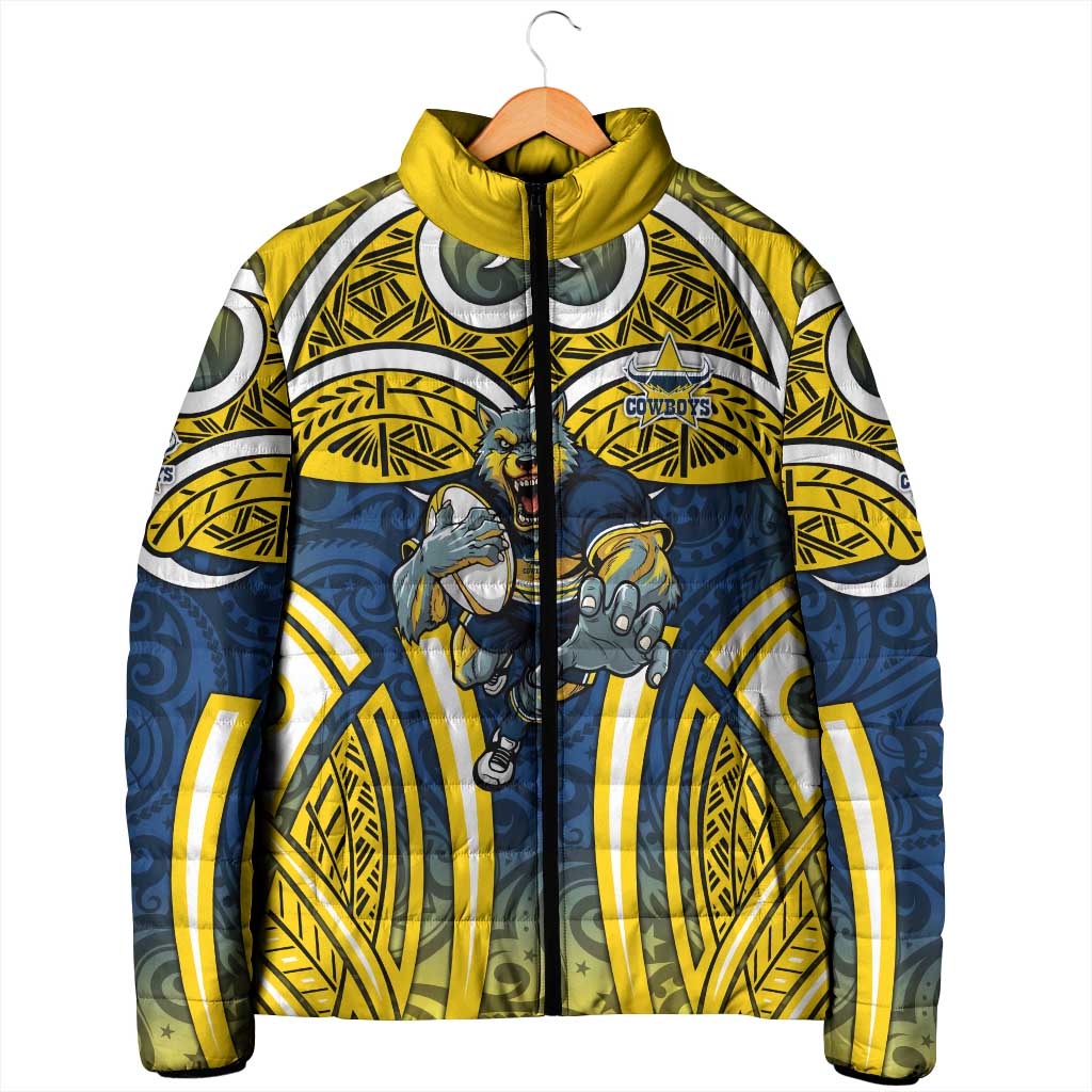 North Queensland Cowboys Rugby Padded Jacket Polynesian Tribal Bull Warrior Navy Yellow Pattern