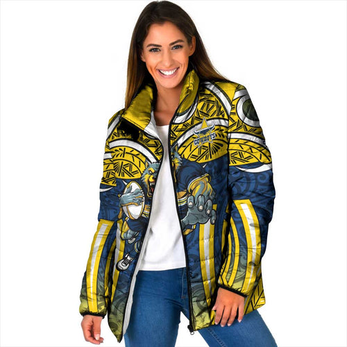 North Queensland Cowboys Rugby Padded Jacket Polynesian Tribal Bull Warrior Navy Yellow Pattern