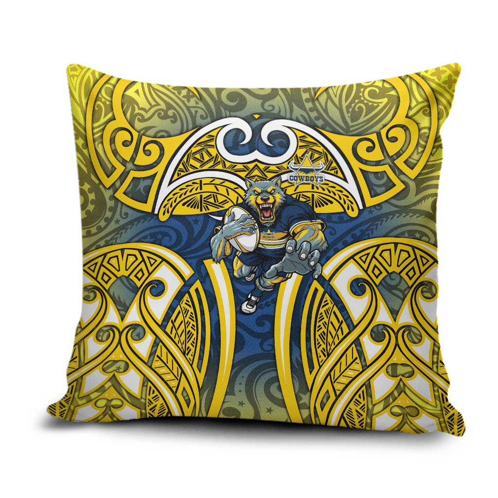 North Queensland Cowboys Rugby Pillow Cover Polynesian Tribal Bull Warrior Navy Yellow Pattern
