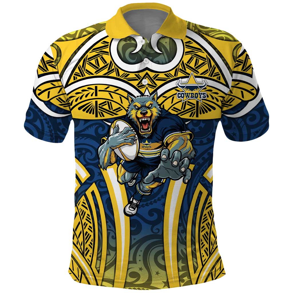North Queensland Cowboys Rugby Polo Shirt Polynesian Tribal Bull Warrior Navy Yellow Pattern