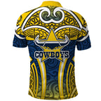 North Queensland Cowboys Rugby Polo Shirt Polynesian Tribal Bull Warrior Navy Yellow Pattern