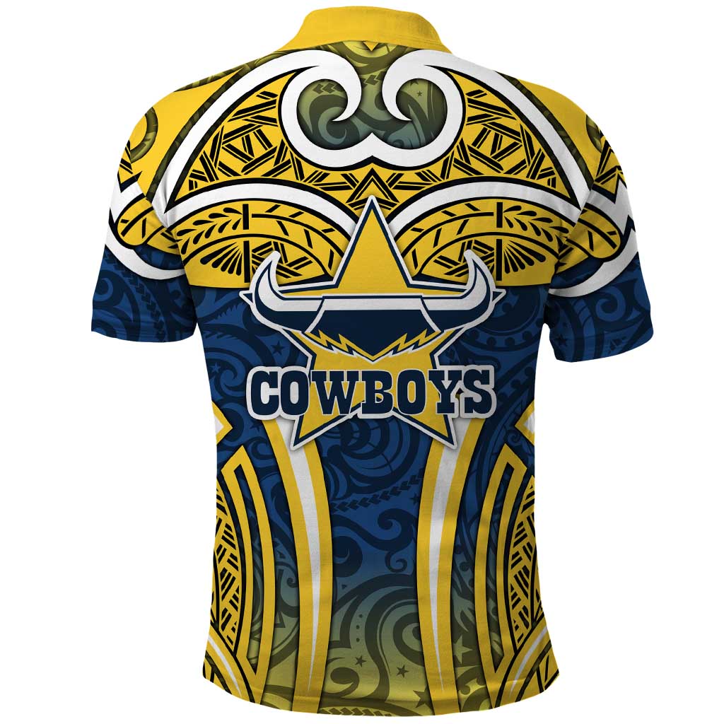 North Queensland Cowboys Rugby Polo Shirt Polynesian Tribal Bull Warrior Navy Yellow Pattern