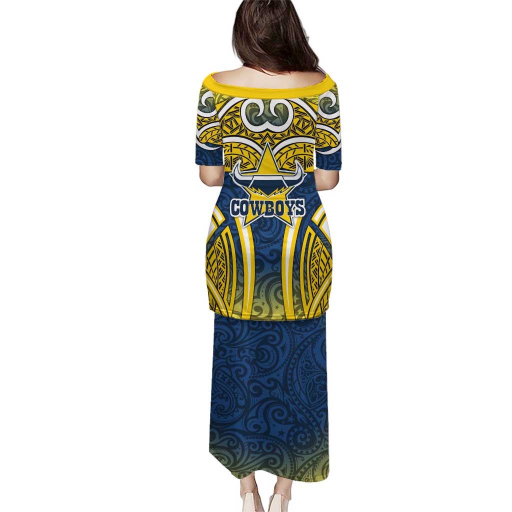North Queensland Cowboys Rugby Puletasi Polynesian Tribal Bull Warrior Navy Yellow Pattern