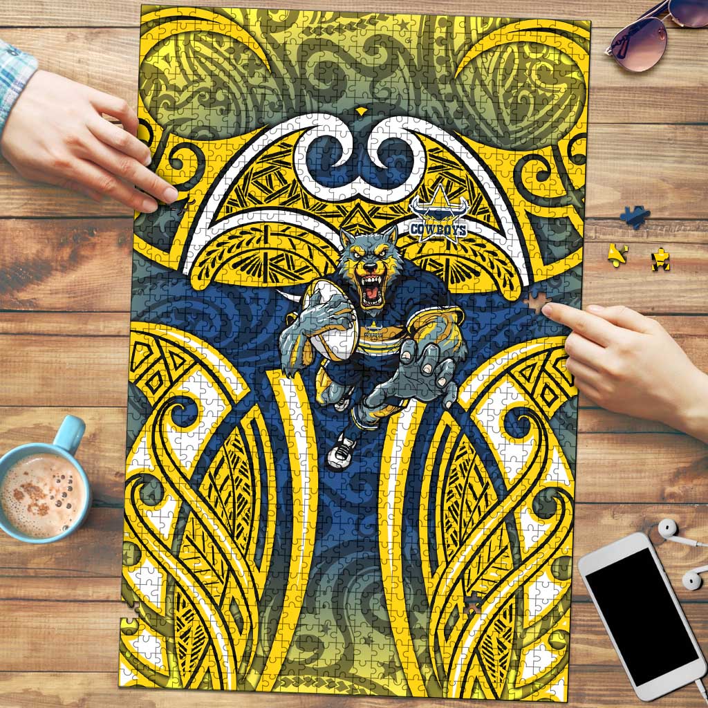 North Queensland Cowboys Rugby Puzzle Polynesian Tribal Bull Warrior Navy Yellow Pattern