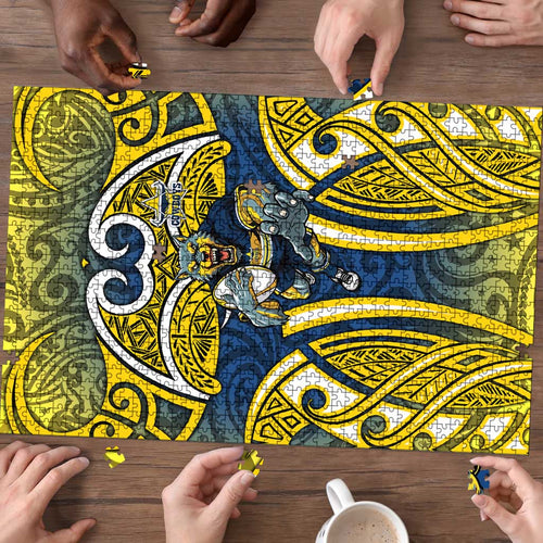 North Queensland Cowboys Rugby Puzzle Polynesian Tribal Bull Warrior Navy Yellow Pattern