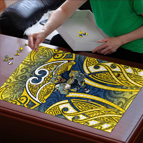 North Queensland Cowboys Rugby Puzzle Polynesian Tribal Bull Warrior Navy Yellow Pattern
