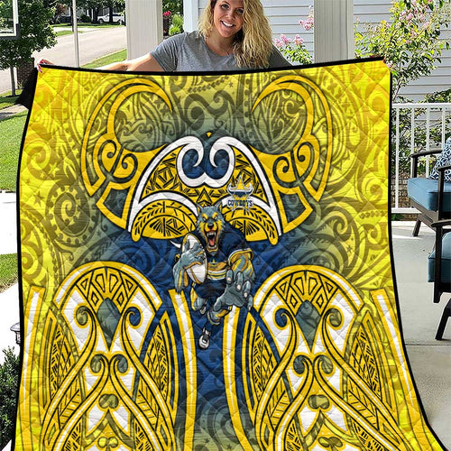 North Queensland Cowboys Rugby Quilt Polynesian Tribal Bull Warrior Navy Yellow Pattern