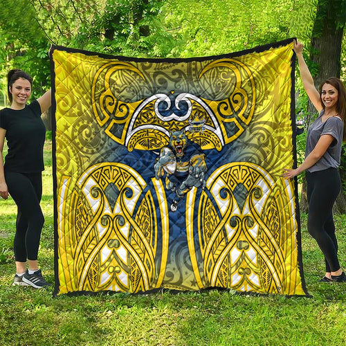 North Queensland Cowboys Rugby Quilt Polynesian Tribal Bull Warrior Navy Yellow Pattern