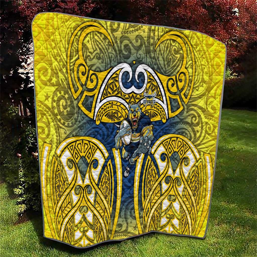 North Queensland Cowboys Rugby Quilt Polynesian Tribal Bull Warrior Navy Yellow Pattern