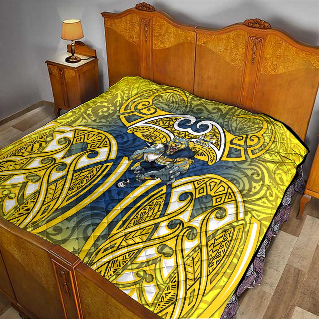 North Queensland Cowboys Rugby Quilt Polynesian Tribal Bull Warrior Navy Yellow Pattern