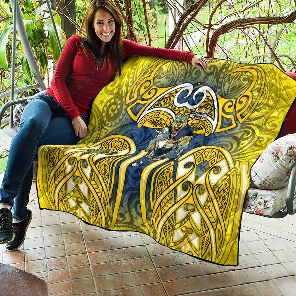 North Queensland Cowboys Rugby Quilt Polynesian Tribal Bull Warrior Navy Yellow Pattern