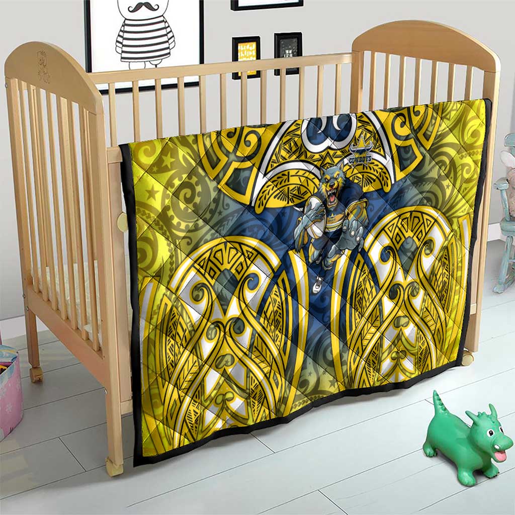 North Queensland Cowboys Rugby Quilt Polynesian Tribal Bull Warrior Navy Yellow Pattern
