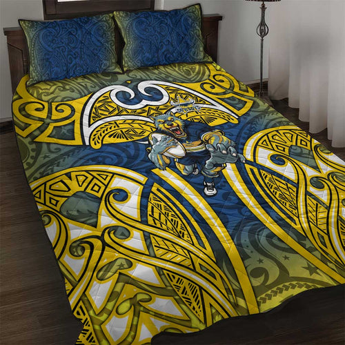 North Queensland Cowboys Rugby Quilt Bed Set Polynesian Tribal Bull Warrior Navy Yellow Pattern
