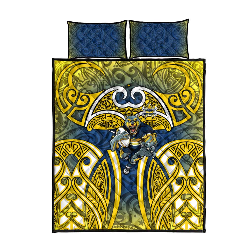 North Queensland Cowboys Rugby Quilt Bed Set Polynesian Tribal Bull Warrior Navy Yellow Pattern