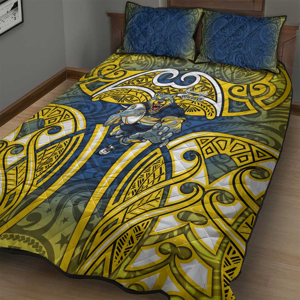 North Queensland Cowboys Rugby Quilt Bed Set Polynesian Tribal Bull Warrior Navy Yellow Pattern