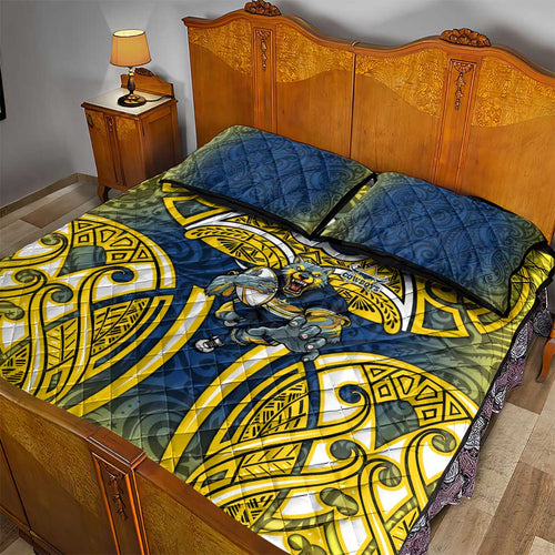 North Queensland Cowboys Rugby Quilt Bed Set Polynesian Tribal Bull Warrior Navy Yellow Pattern