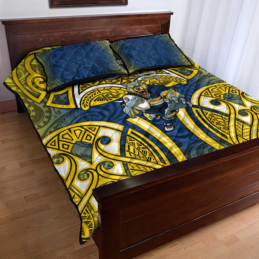 North Queensland Cowboys Rugby Quilt Bed Set Polynesian Tribal Bull Warrior Navy Yellow Pattern