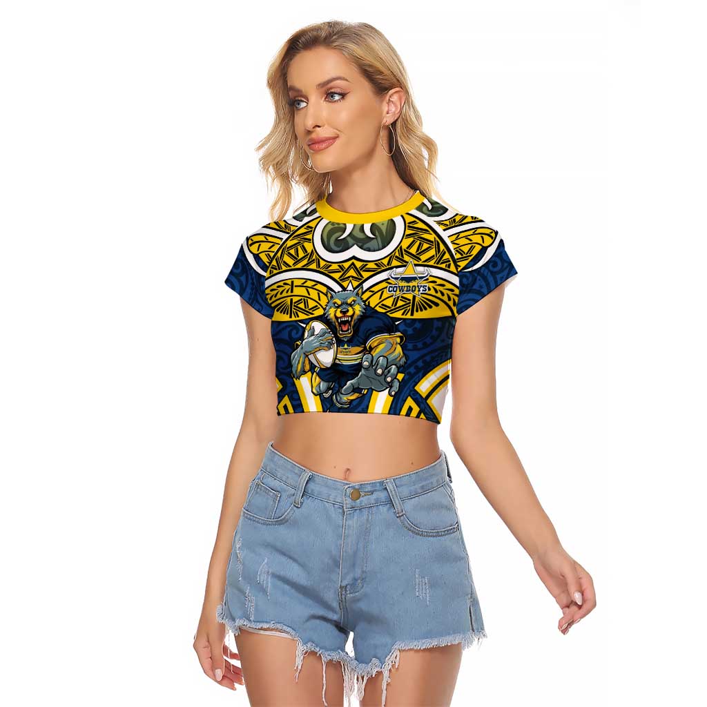 North Queensland Cowboys Rugby Raglan Cropped T Shirt Polynesian Tribal Bull Warrior Navy Yellow Pattern